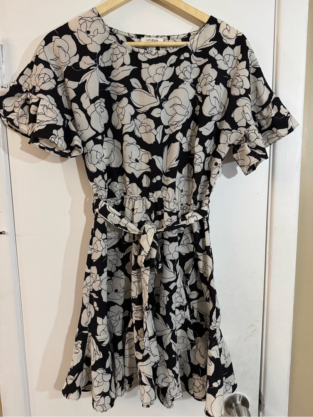 Umgee Black Dress with Cream Floral Print and Tie Waist